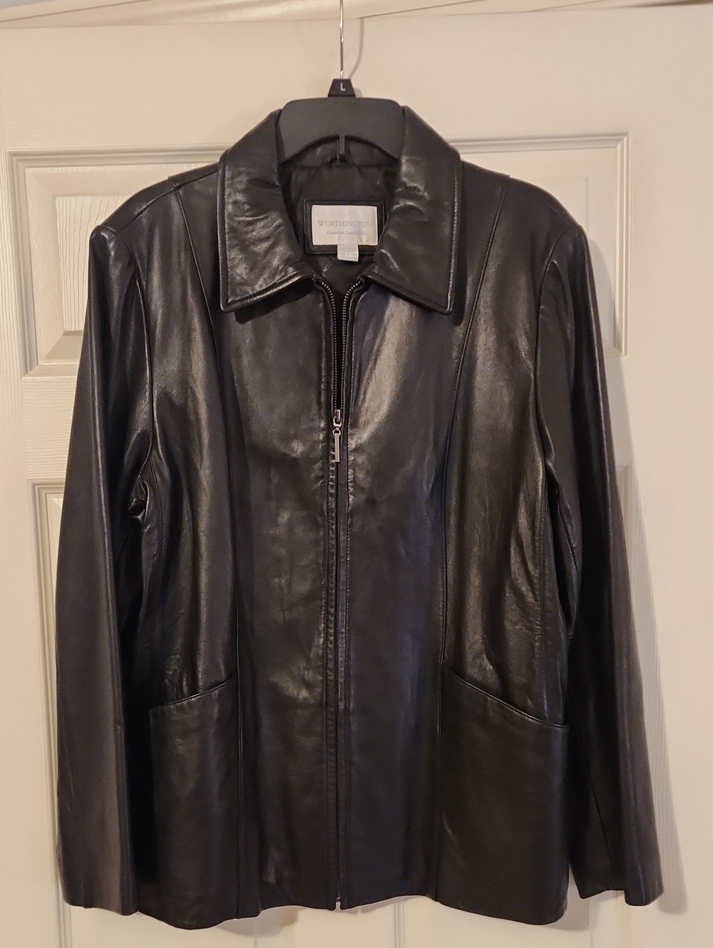 Worthington Women's Black Leather Zip-Front Jacket Genuine Lambskin
